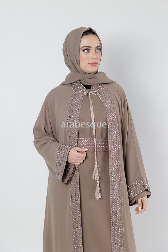 Mink Abaya set with Belt diamante detailing