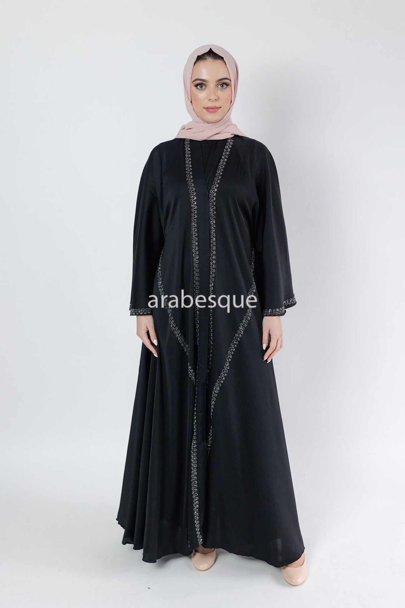 Stone Work Umbrella cut Open Abaya - Black