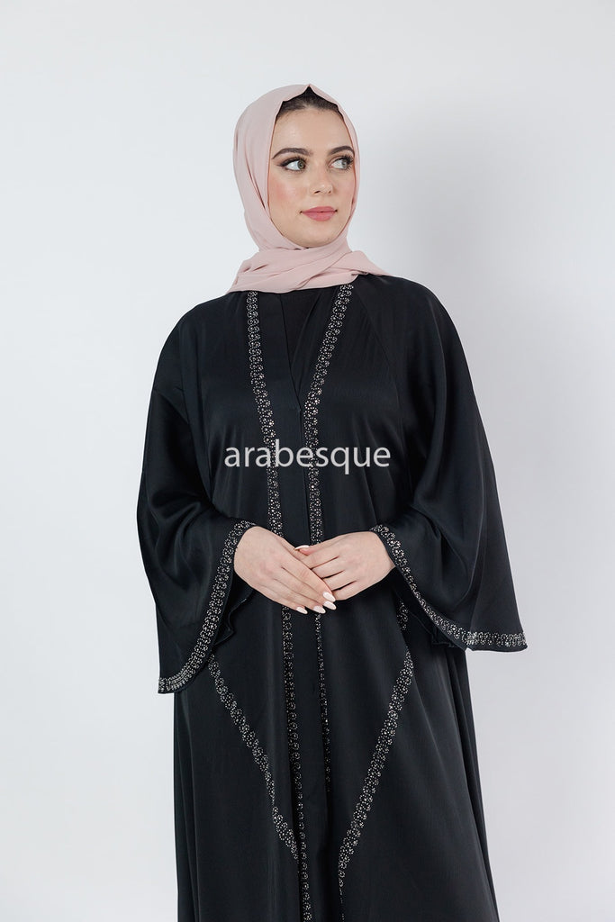 Stone Work Umbrella cut Open Abaya - Black