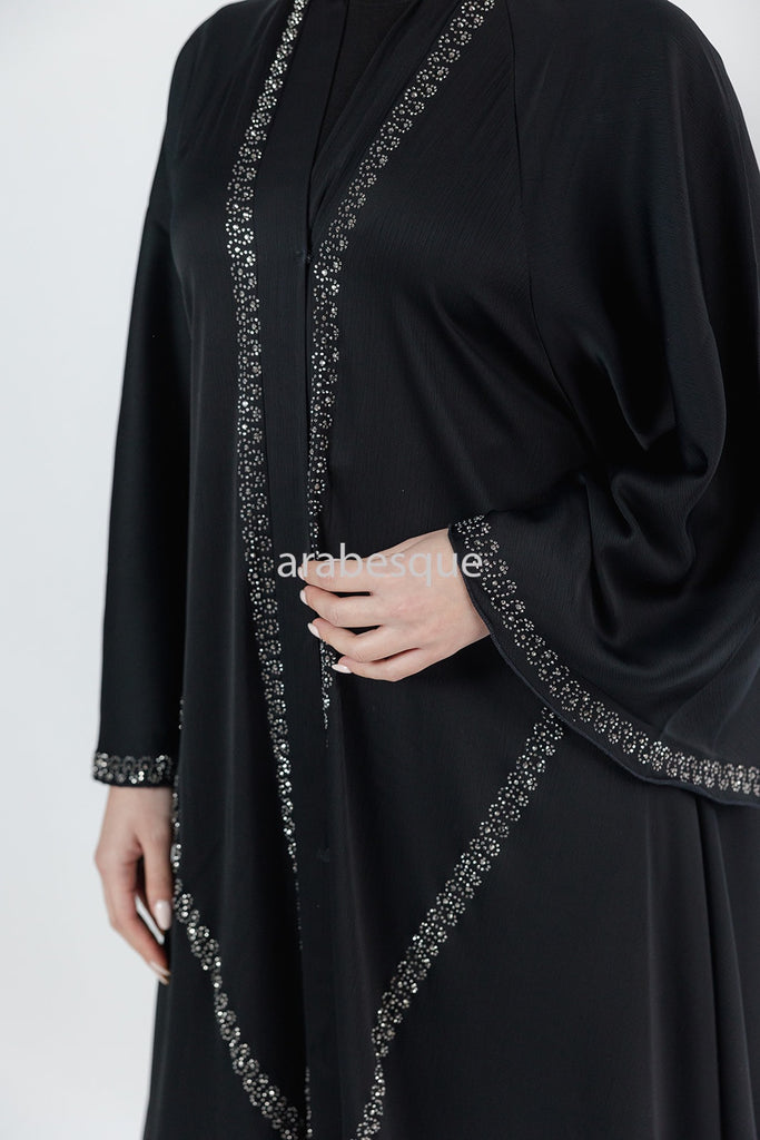 Stone Work Umbrella cut Open Abaya - Black
