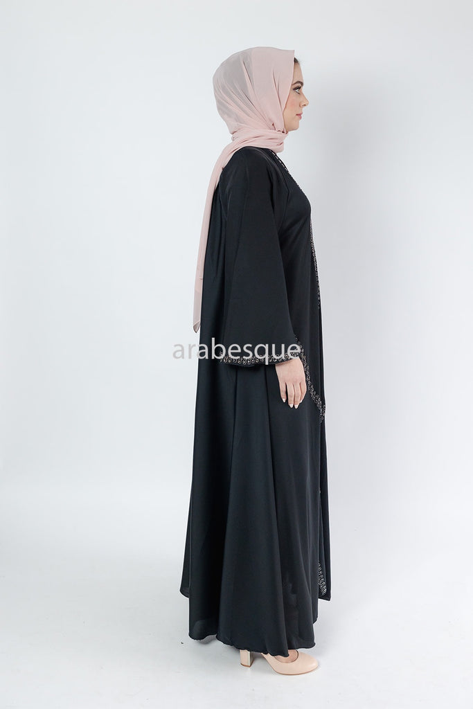 Stone Work Umbrella cut Open Abaya - Black