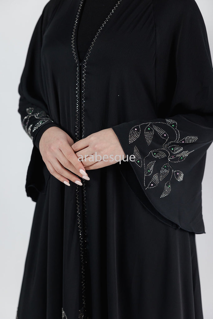 Diamante Leaf Detail Umbrella Cut Open Abaya