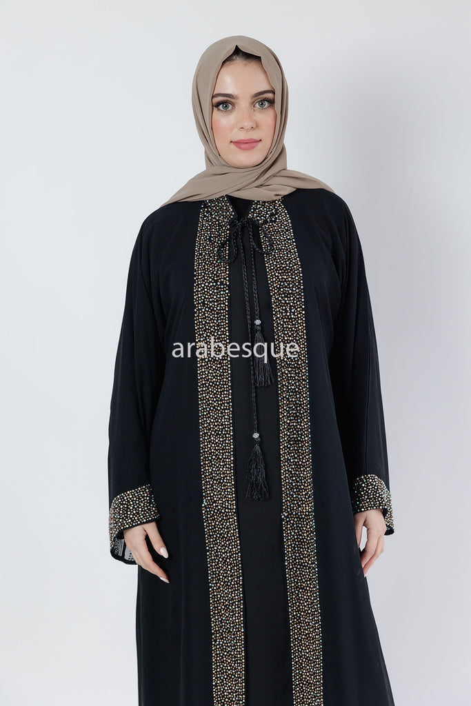 Black Luxury Abaya Set – Gold Diamante Detailing with Belt, Slip and Chiffon Overlay
