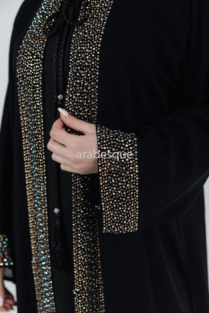 Black Luxury Abaya Set – Gold Diamante Detailing with Belt, Slip and Chiffon Overlay
