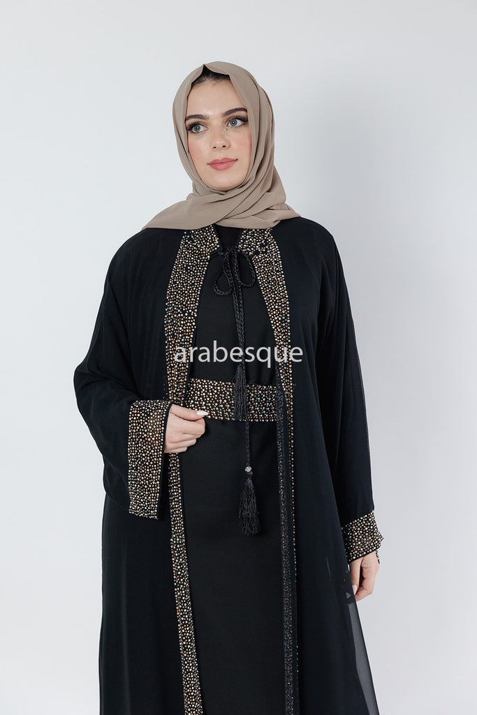 Black Luxury Abaya Set – Gold Diamante Detailing with Belt, Slip and Chiffon Overlay
