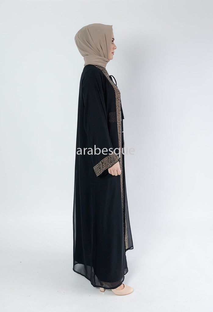 Black Luxury Abaya Set – Gold Diamante Detailing with Belt, Slip and Chiffon Overlay