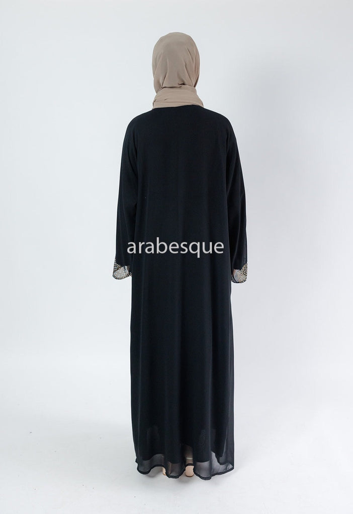 Black Luxury Abaya Set – Gold Diamante Detailing with Belt, Slip and Chiffon Overlay