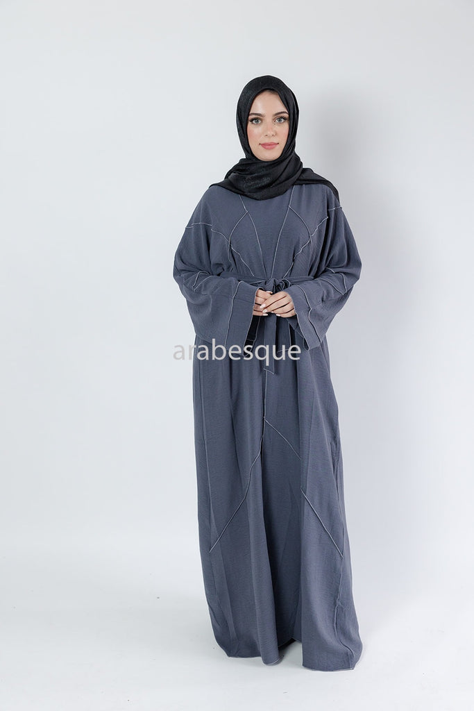 Grey Open Abaya Set – 4-Piece Crushed Polyester Design