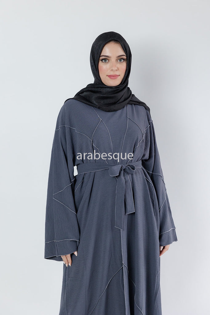 Grey Open Abaya Set – 4-Piece Crushed Polyester Design