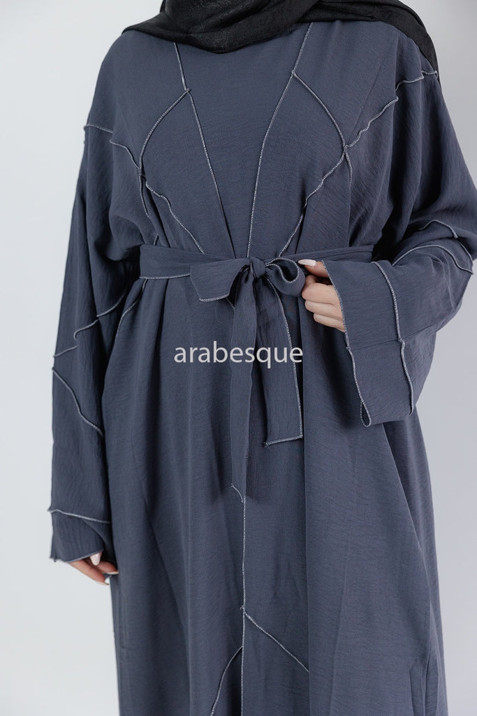 Grey Open Abaya Set – 4-Piece Crushed Polyester Design