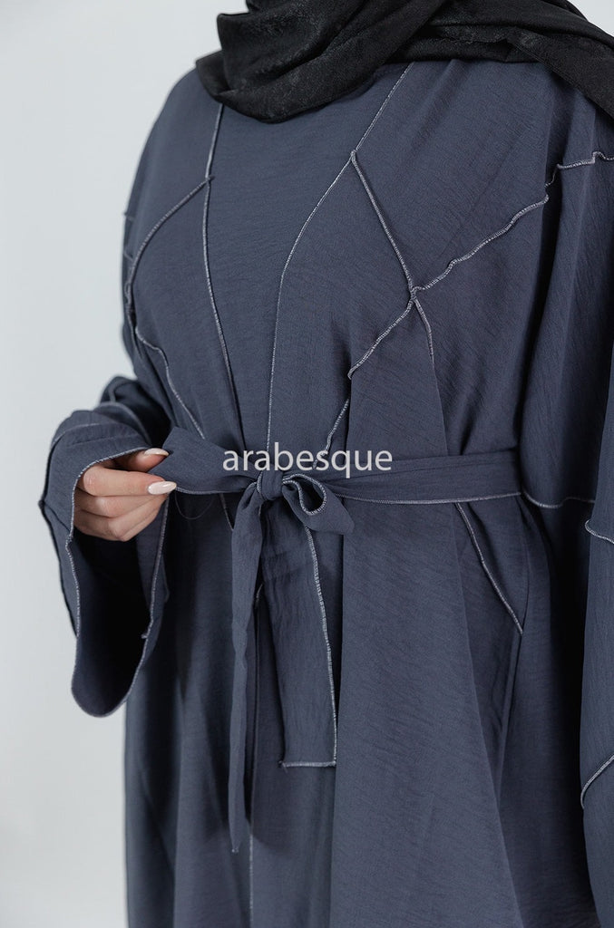 Grey Open Abaya Set – 4-Piece Crushed Polyester Design