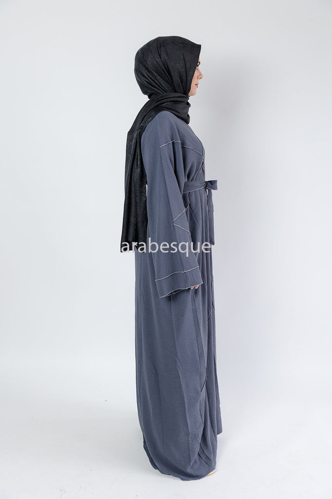 Grey Open Abaya Set – 4-Piece Crushed Polyester Design
