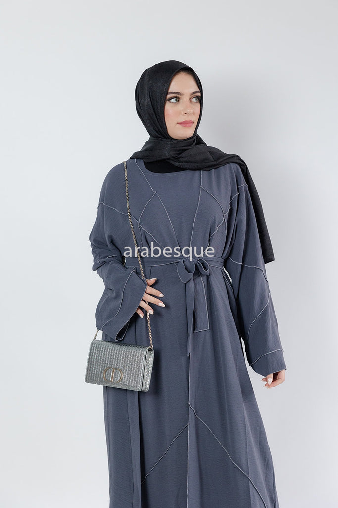 Grey Open Abaya Set – 4-Piece Crushed Polyester Design