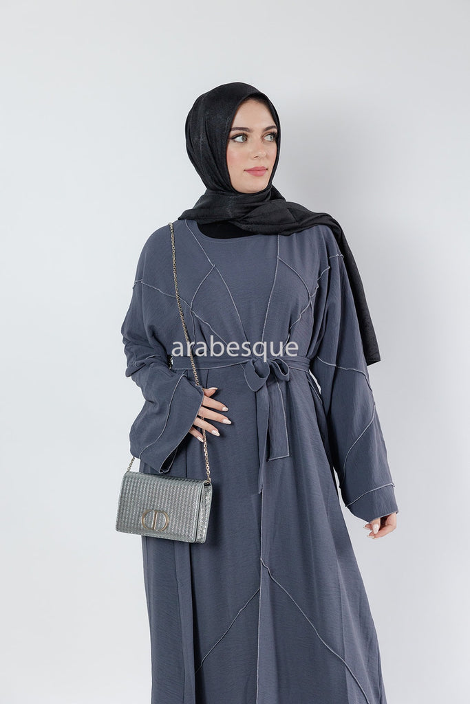 Grey Open Abaya Set – 4-Piece Crushed Polyester Design