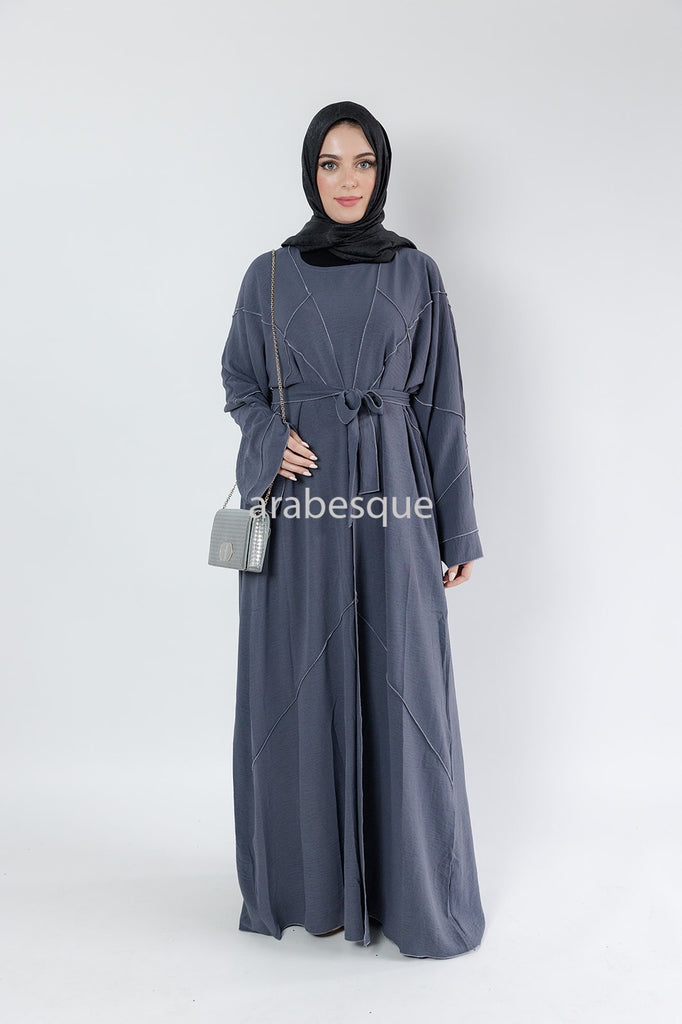 Grey Open Abaya Set – 4-Piece Crushed Polyester Design