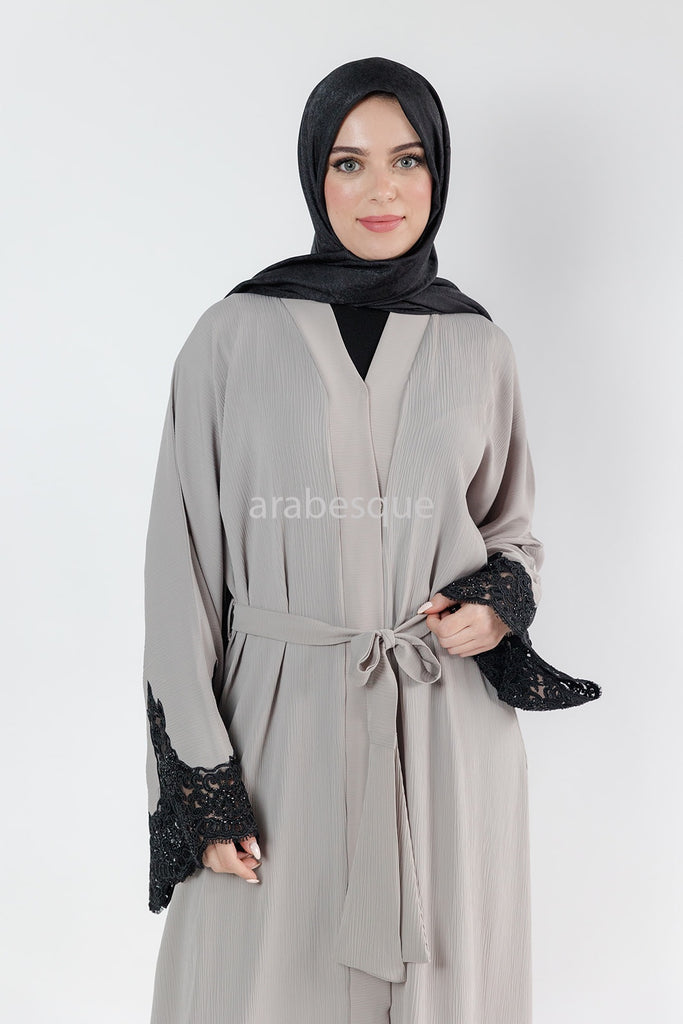 Beige Open Abaya – Luxury Black Embroidered Lace Design