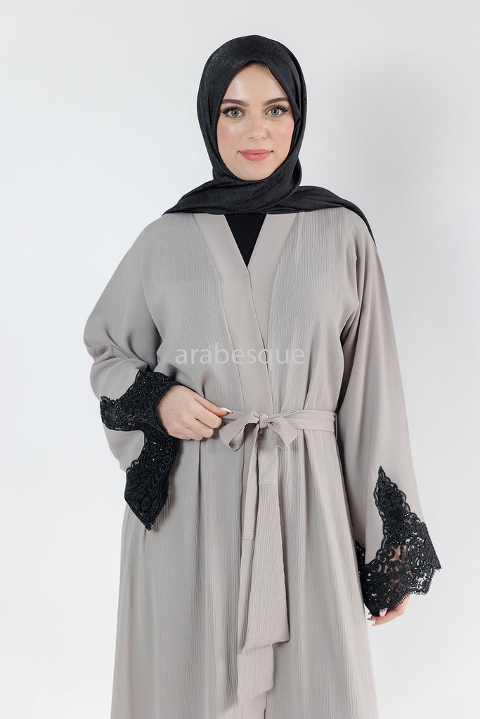 Beige Open Abaya – Luxury Black Embroidered Lace Design