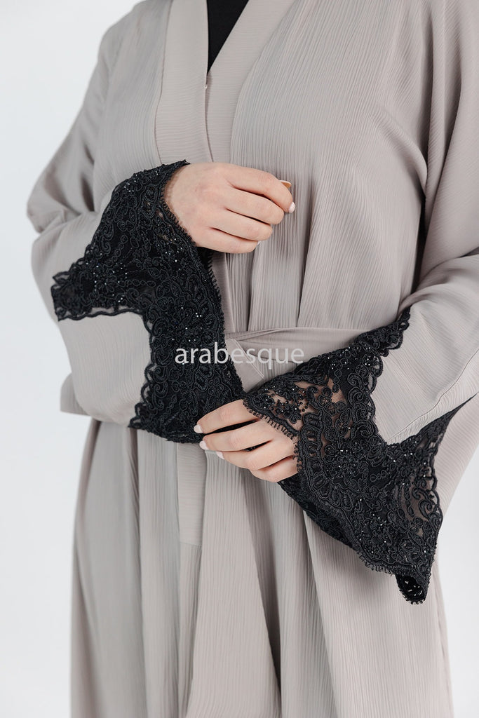 Beige Open Abaya – Luxury Black Embroidered Lace Design