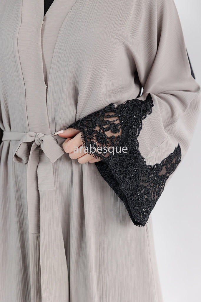 Beige Open Abaya – Luxury Black Embroidered Lace Design