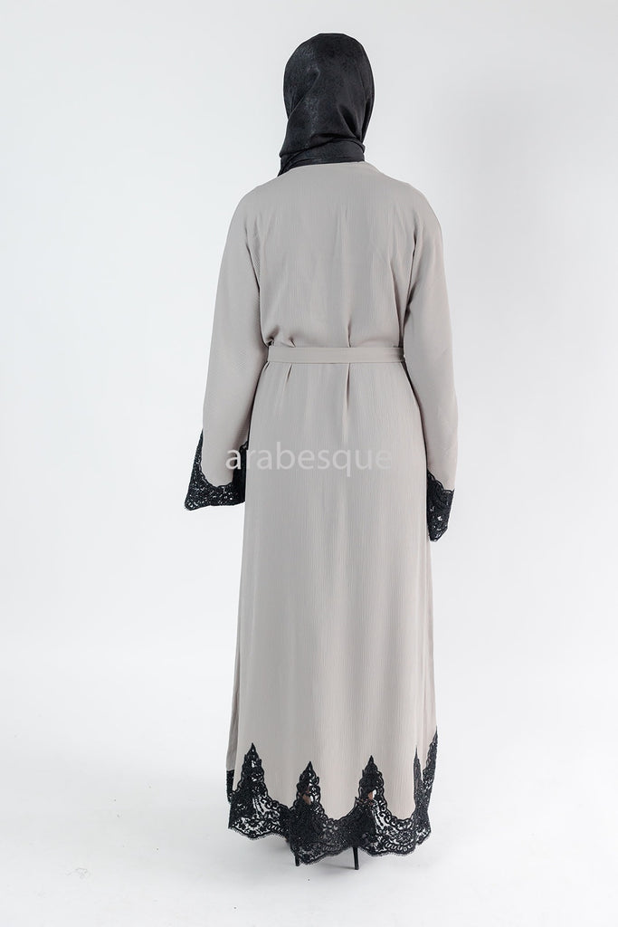 Beige Open Abaya – Luxury Black Embroidered Lace Design