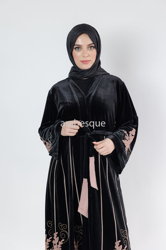 Black Velvet Open Abaya – Luxurious Floral Embroidered Design with Belt