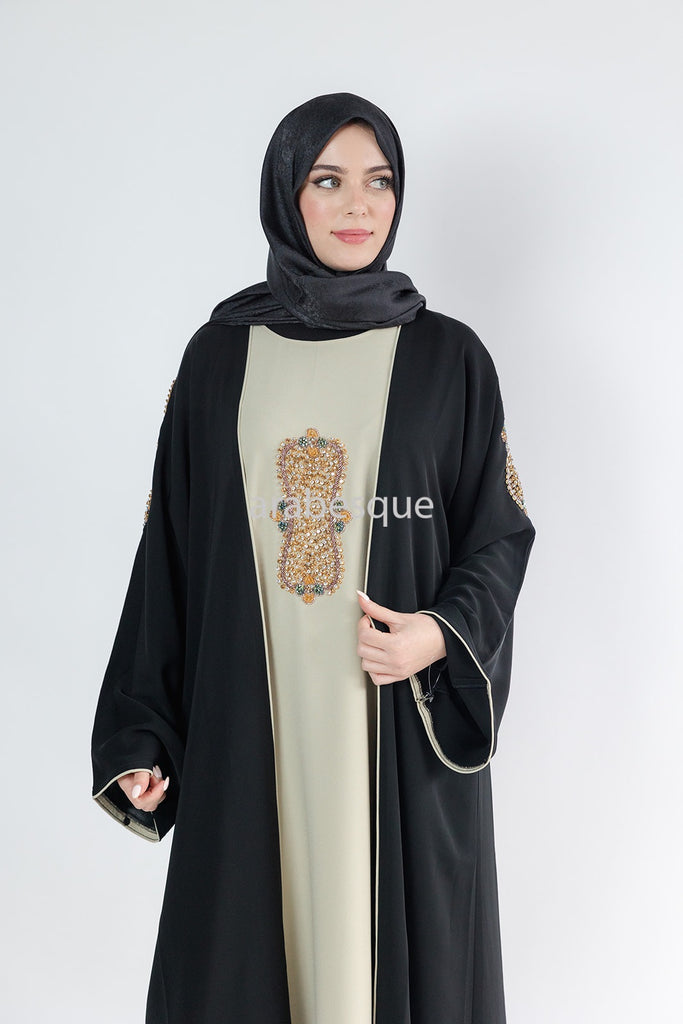 Black Open Abaya – Luxury Beaded Design with Beige Inner Slip Dress