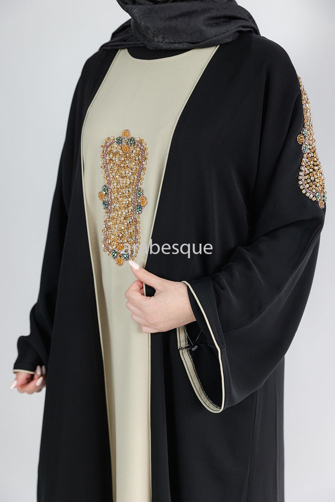 Black Open Abaya – Luxury Beaded Design with Beige Inner Slip Dress