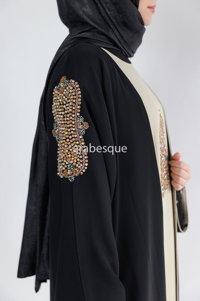 Black Open Abaya – Luxury Beaded Design with Beige Inner Slip Dress