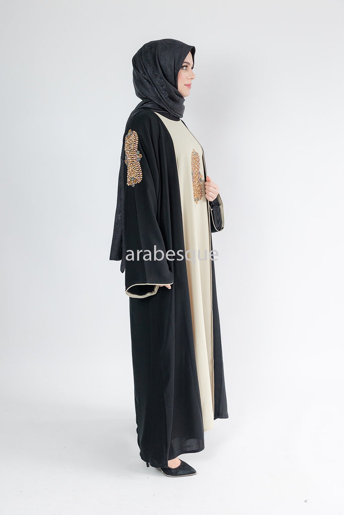 Black Open Abaya – Luxury Beaded Design with Beige Inner Slip Dress