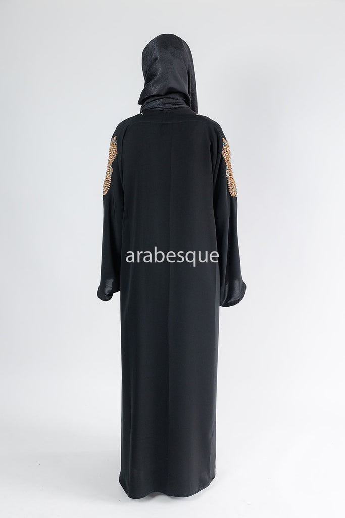 Black Open Abaya – Luxury Beaded Design with Beige Inner Slip Dress