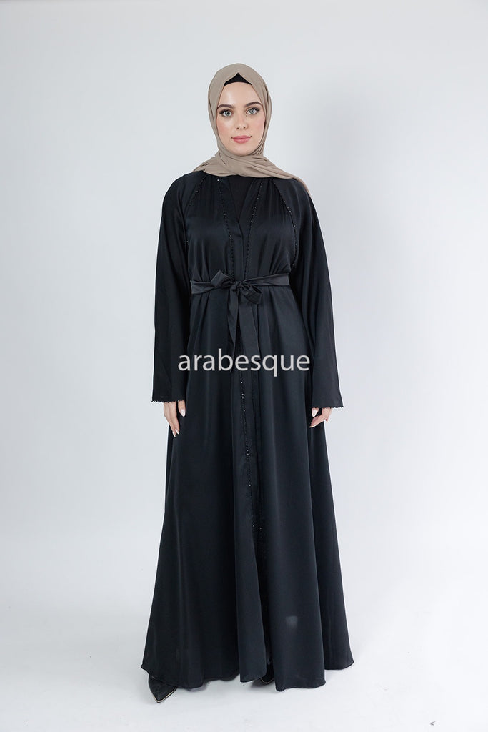 Black Open Abaya – Umbrella Cut Design with Threaded Beadwork Detailing