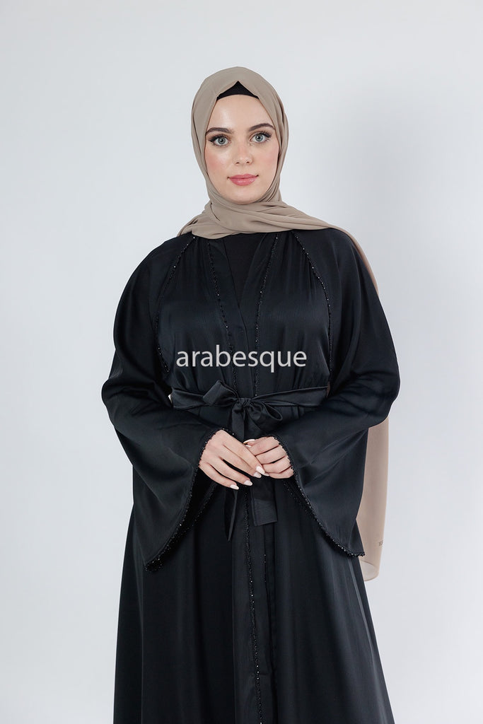 Black Open Abaya – Umbrella Cut Design with Threaded Beadwork Detailing