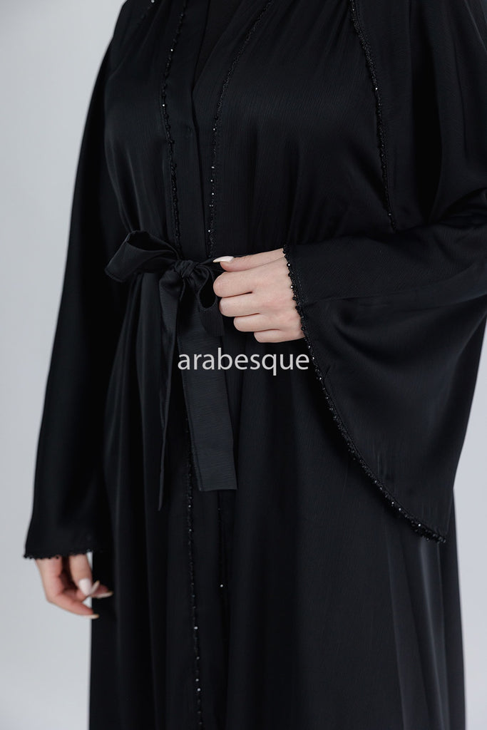 Black Open Abaya – Umbrella Cut Design with Threaded Beadwork Detailing