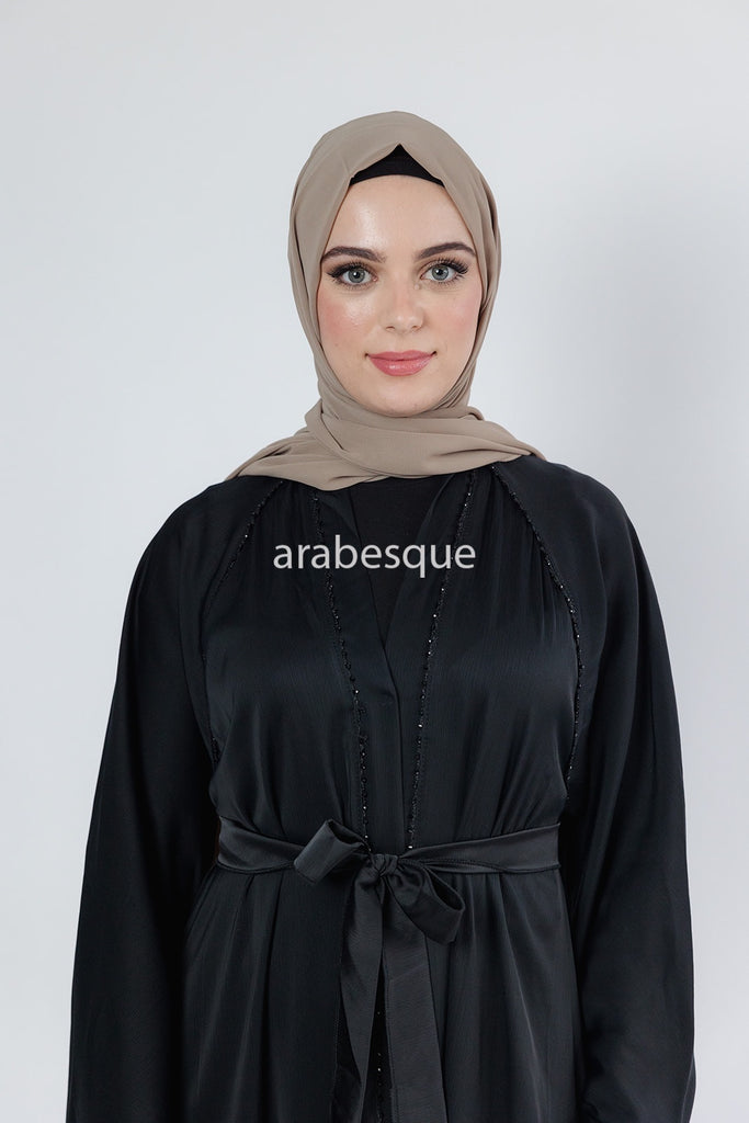 Black Open Abaya – Umbrella Cut Design with Threaded Beadwork Detailing