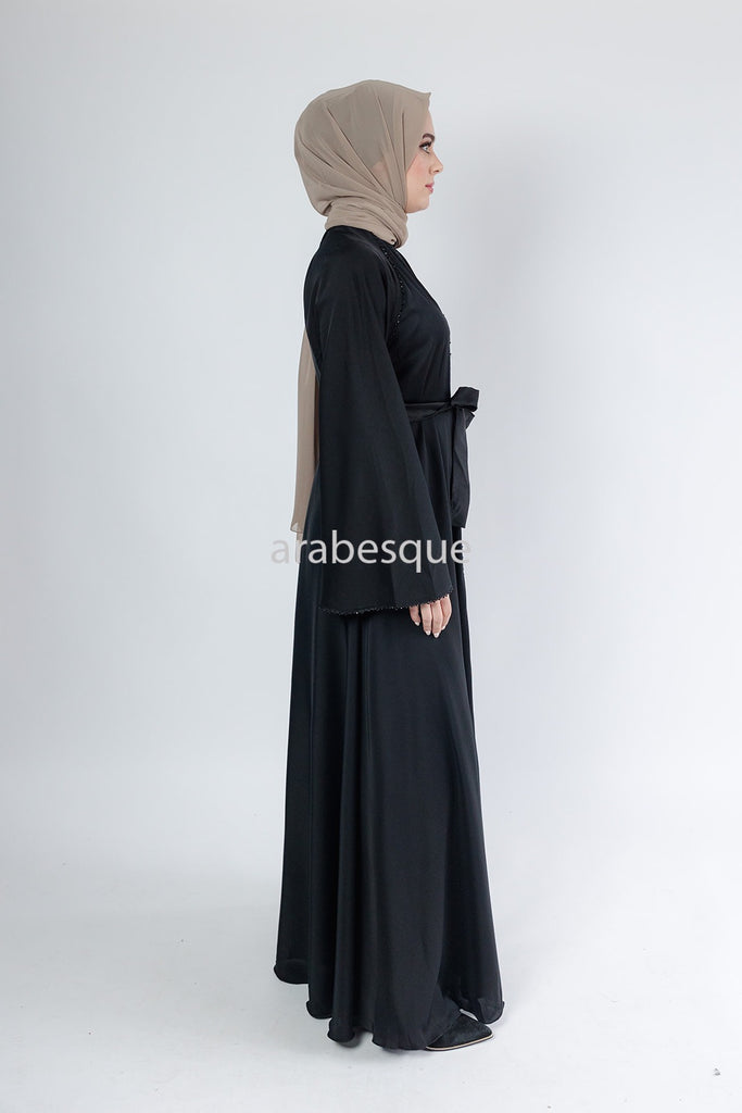 Black Open Abaya – Umbrella Cut Design with Threaded Beadwork Detailing