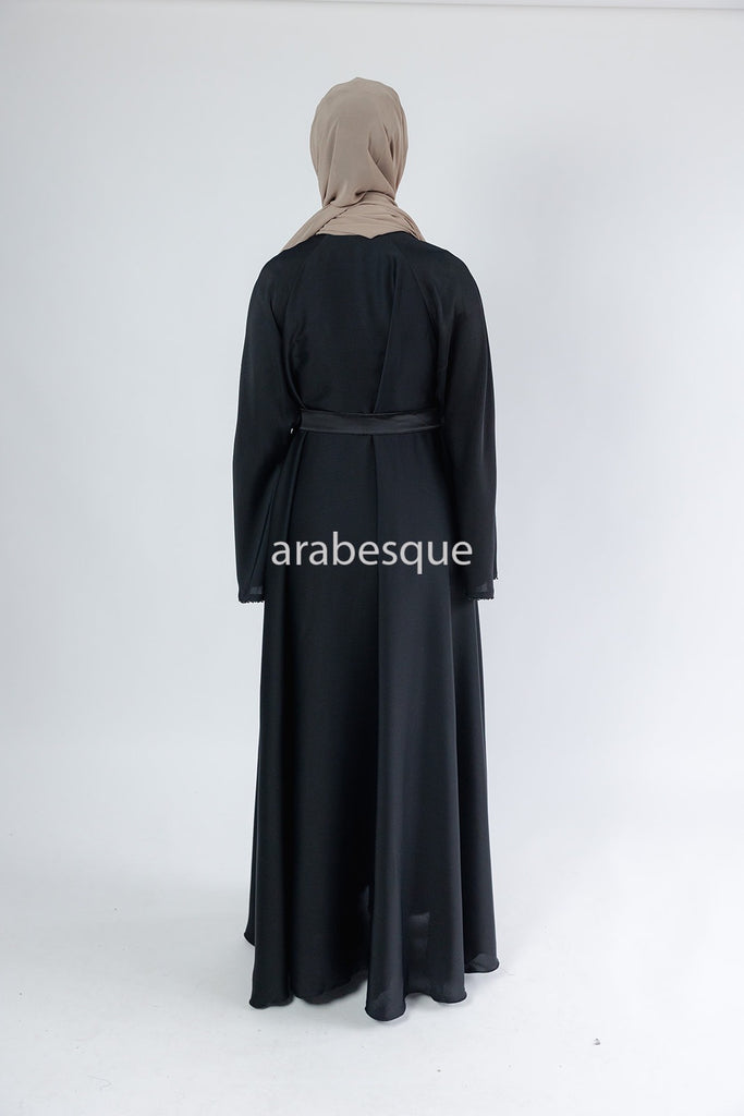 Black Open Abaya – Umbrella Cut Design with Threaded Beadwork Detailing