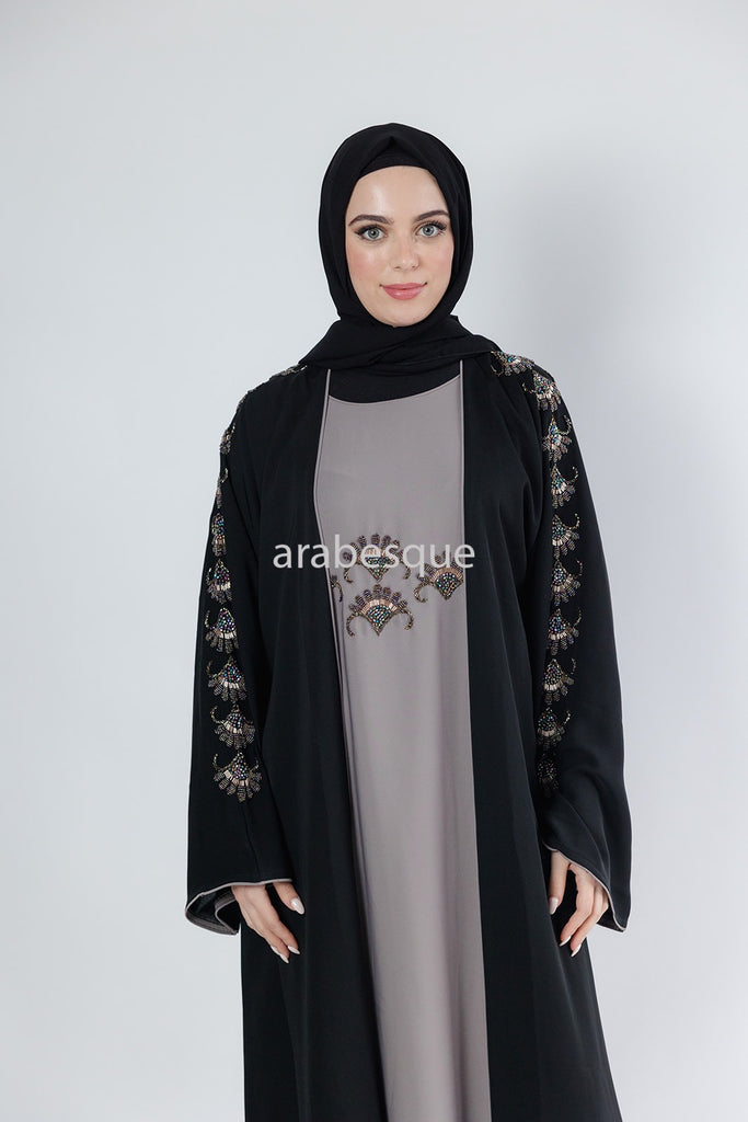 Black Open Abaya – Luxury Beaded Design with Dark Grey Inner Slip Dress