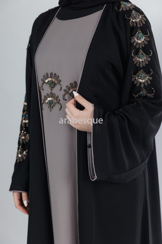 Black Open Abaya – Luxury Beaded Design with Dark Grey Inner Slip Dress
