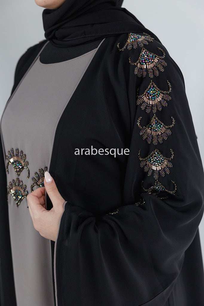 Black Open Abaya – Luxury Beaded Design with Dark Grey Inner Slip Dress