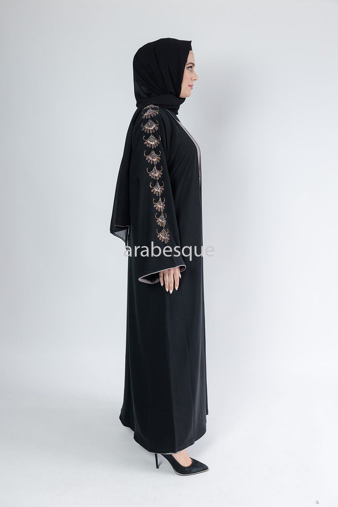 Black Open Abaya – Luxury Beaded Design with Dark Grey Inner Slip Dress