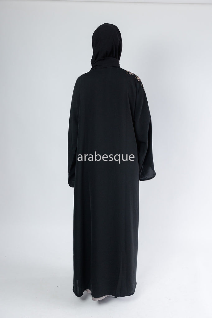 Black Open Abaya – Luxury Beaded Design with Dark Grey Inner Slip Dress
