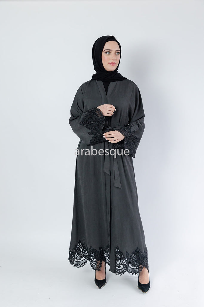 Grey Open Abaya – Luxury Black Embroidered Lace Design