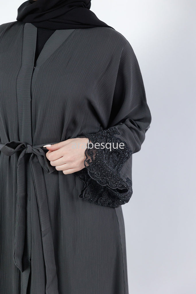 Grey Open Abaya – Luxury Black Embroidered Lace Design