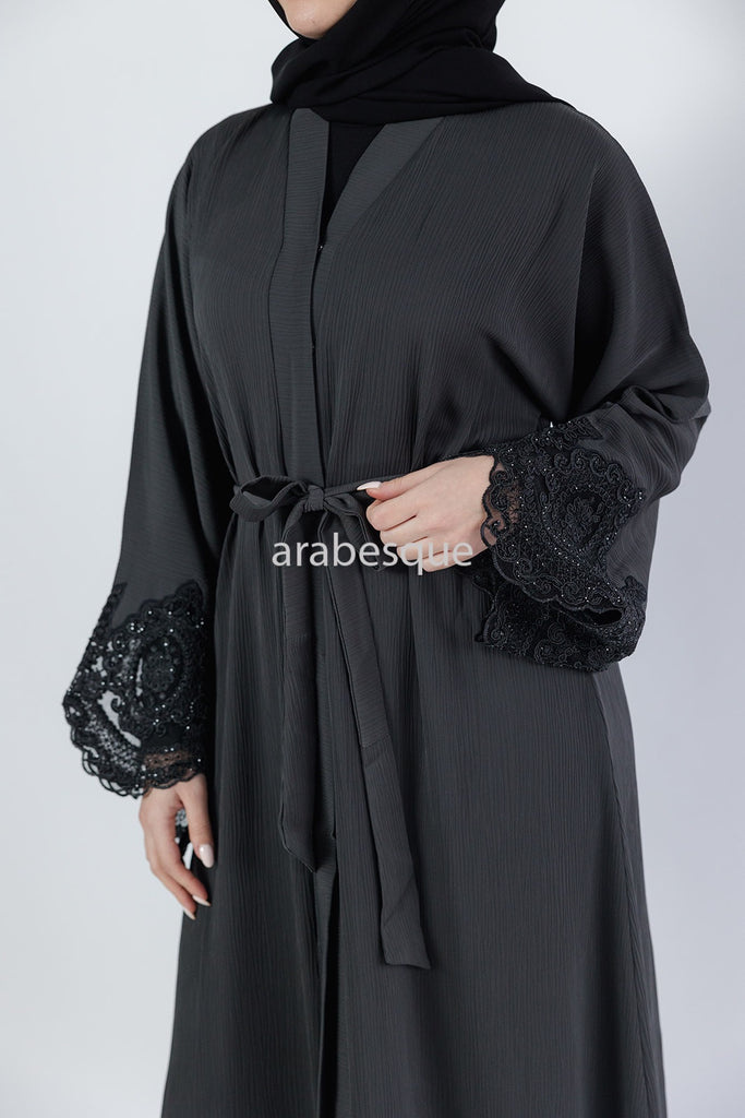 Grey Open Abaya – Luxury Black Embroidered Lace Design
