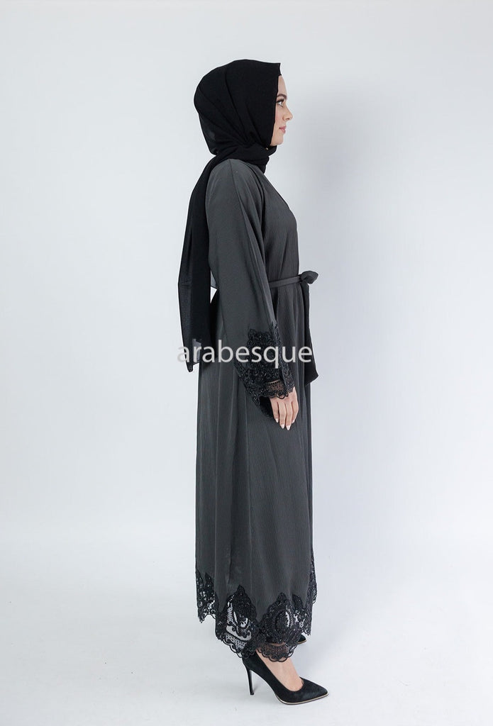 Grey Open Abaya – Luxury Black Embroidered Lace Design