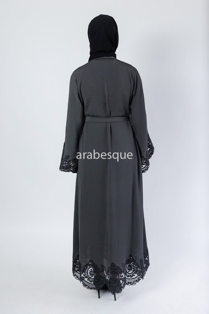 Grey Open Abaya – Luxury Black Embroidered Lace Design