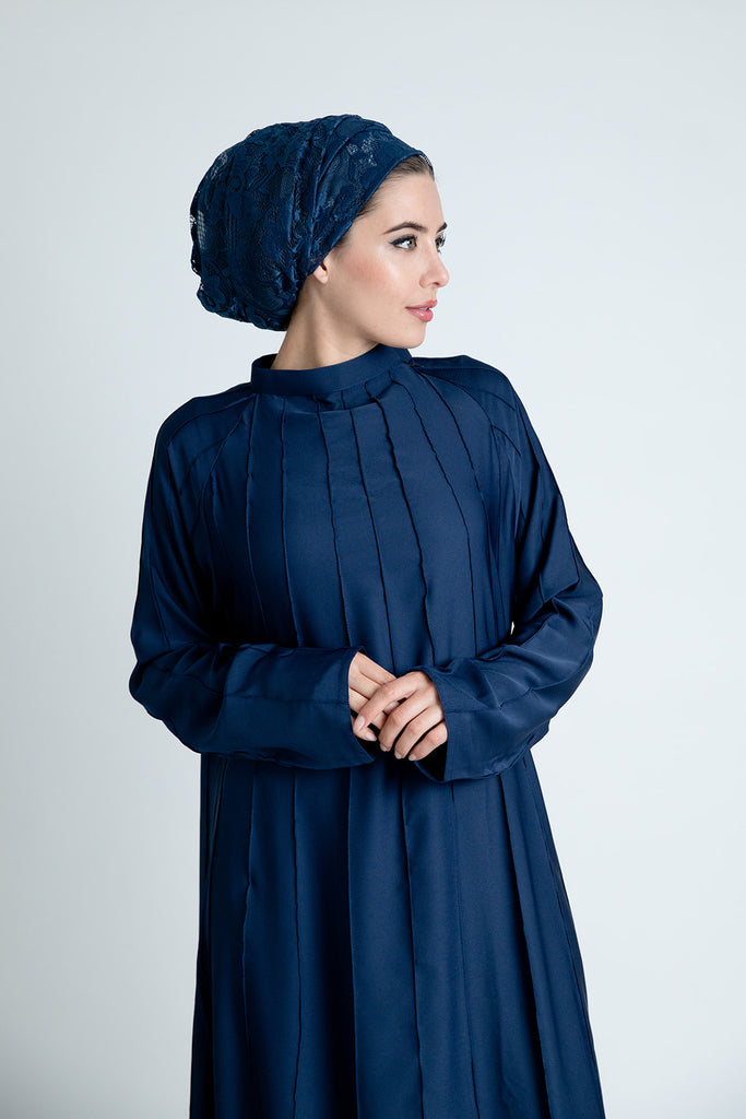 Navy Closed Abaya – Plain Umbrella Cut Design with Stitched Line Detailing