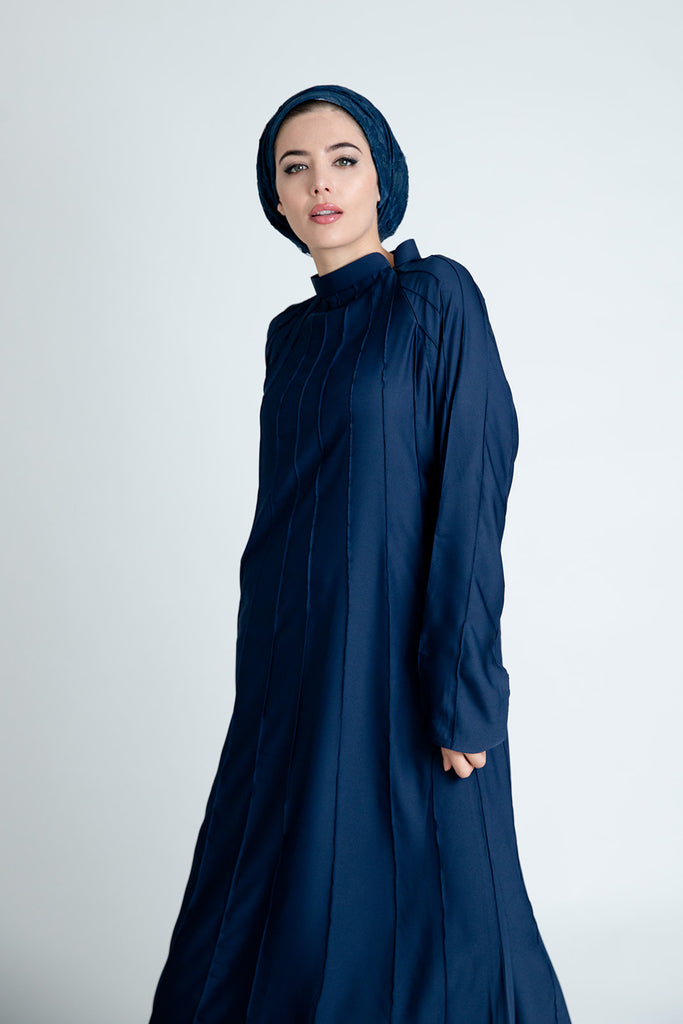 Navy Closed Abaya – Plain Umbrella Cut Design with Stitched Line Detailing