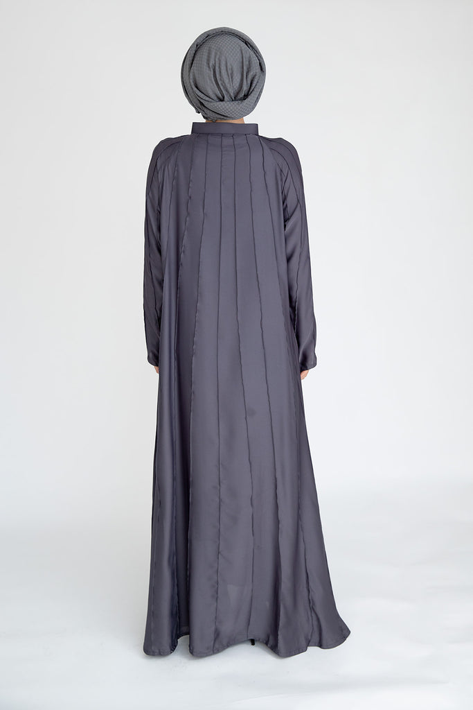Grey Closed Abaya – Plain Umbrella Cut Design with Stitched Line Detailing