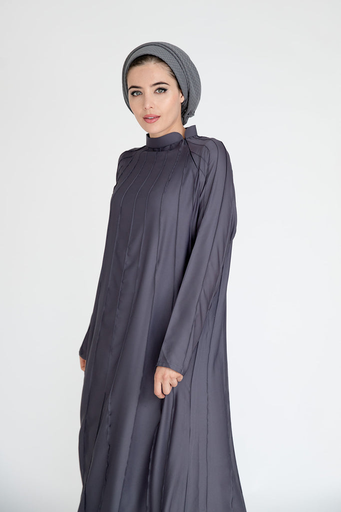 Grey Closed Abaya – Plain Umbrella Cut Design with Stitched Line Detailing